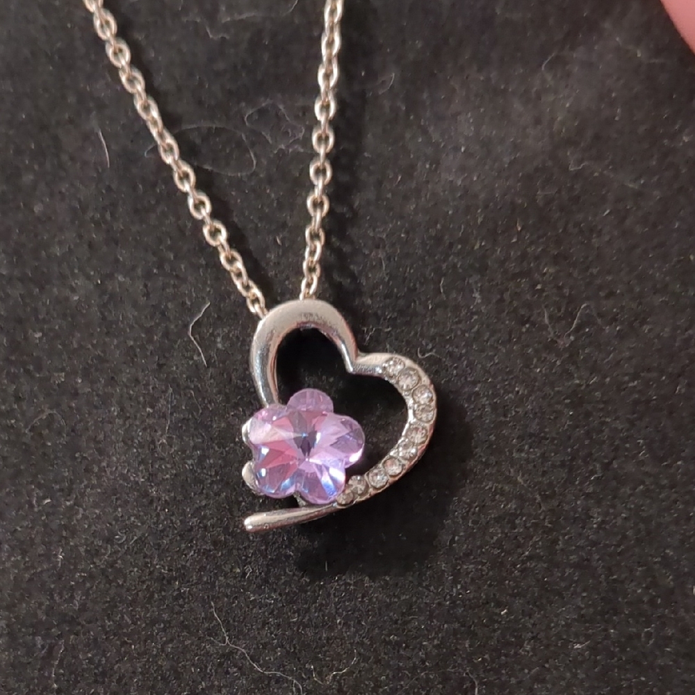 Silver Heart Pendant Necklace with Pink Crystal Flower